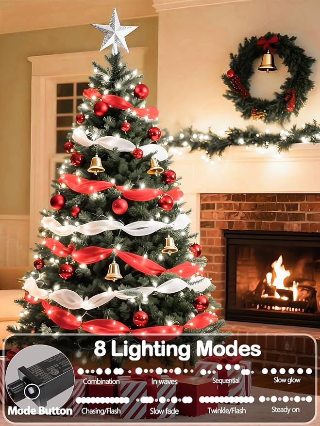 Upgraded 33 FT 100 LED Christmas Lights Outdoor Indoor, Extendable Waterproof White String Lights with Memory Function & Timer & 8 Modes Green Wire for Xmas Tree Holiday Party Garden Decor(Cool White)