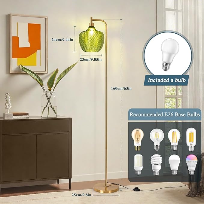 Gold Floor Lamp for Living Room, Modern Standing Lamp with Remote, 3CCT Dimmable Stained Glass Tall Lamp with Green Lampshade, Mid Century Vintage Floor Lamps for Bedroom, Study Room (Green)