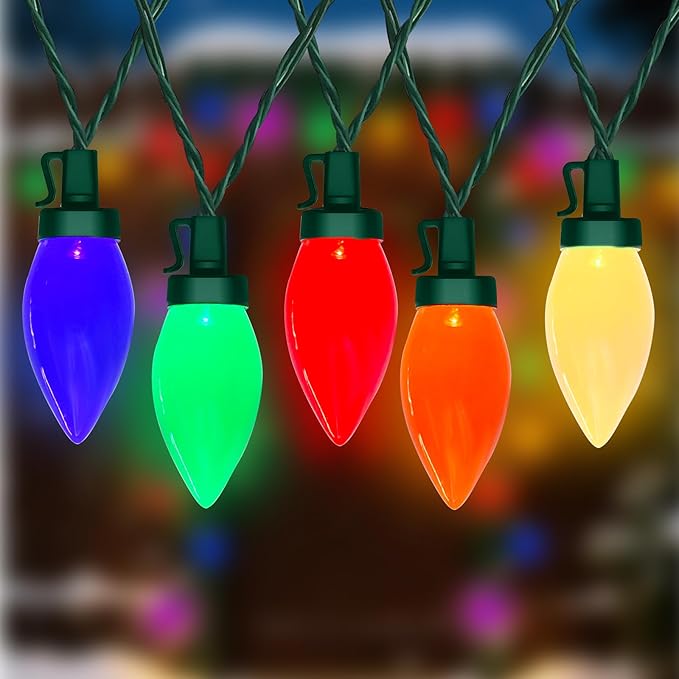 26FT C9 Christmas String Lights, Outdoor Christmas Decorations Lights with 50 LED C9 Multicolor Opaque Bulbs Waterproof, Hanging Patio Light for Christmas Tree Patio Roofline Garden Party Holiday