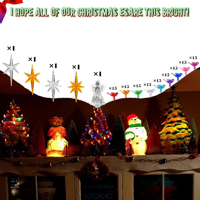 137Pcs Ceramic Christmas Tree 9 Lovely Colors Bird Replacement Bulbs Lights ＆1 Angel/4 Stars Tree Topper Ornament for Ceramic Tree Décor - Medium Plastic Pegs.