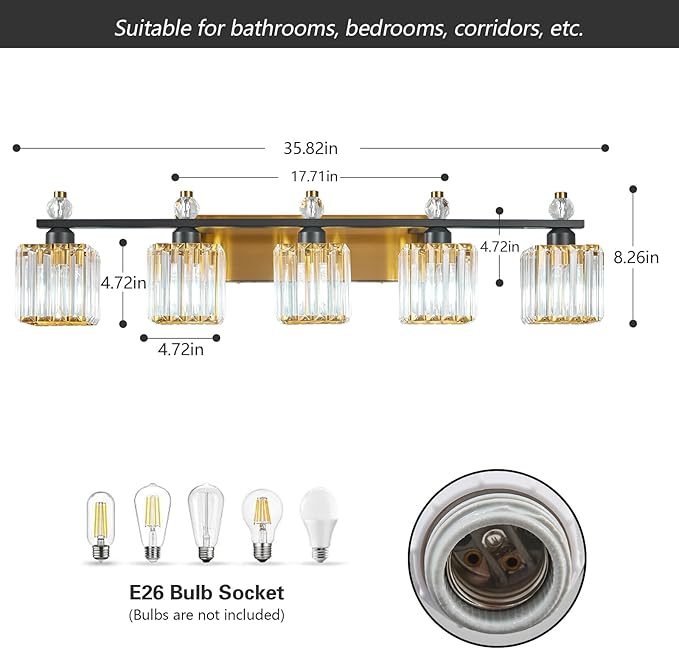Vanity Lights 5-Light Modern Crystal Vanity Light Black Gold Bathroom Light Fixtures Over Mirror Crystal Bathroom Vanity Lighting Fixtures