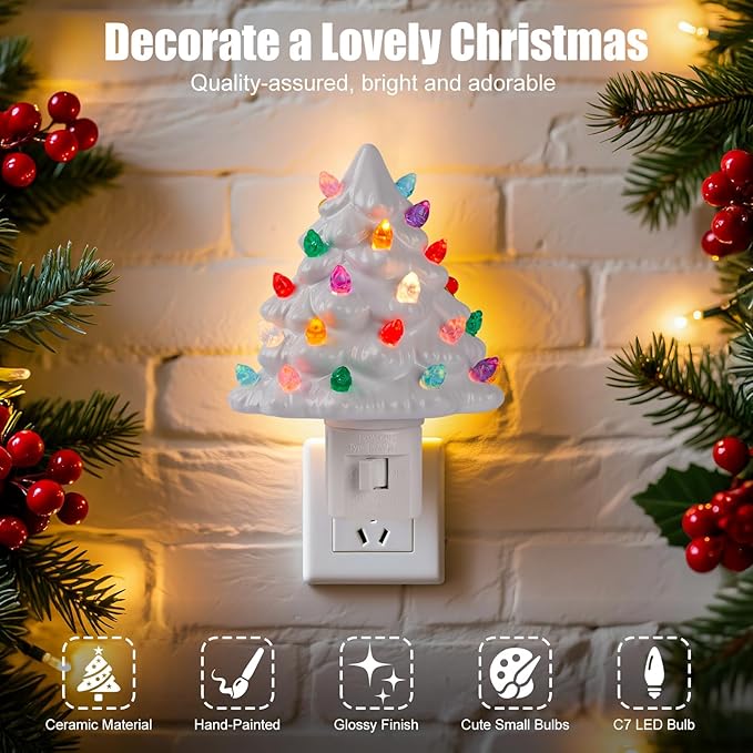 Brightown Ceramic Christmas Tree Night Light - 2 Pack Vintage Christmas Night Light with ON/Off Switch, 5.2" Decorative Ceramic Tree Light for Bedroom Bathroom Living Room Porch Xmas Holiday Decor