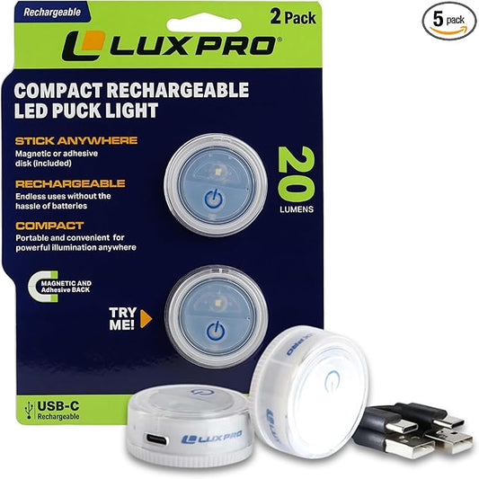LUXPRO Waterproof Micro LED Rechargeable Puck Lights - Adhesive Lighting Ideal for Under Cabinets, in Tackle Boxes, or On Bookcases - Compact Rechargeable Push Tap Light - 2 Pack (Rechargable)