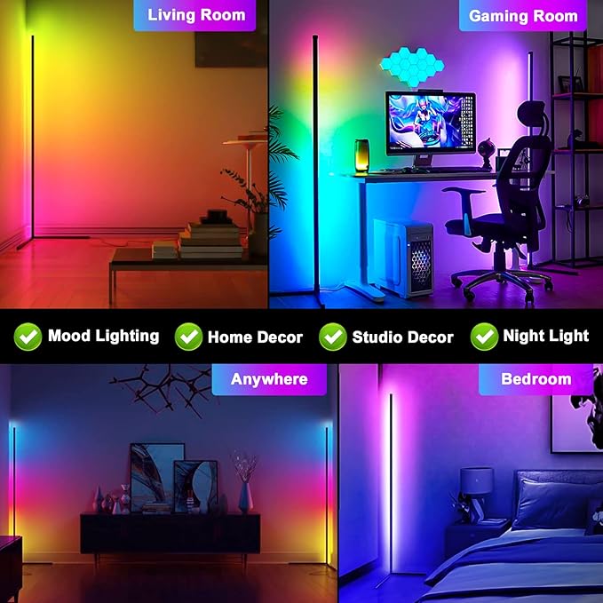 Corner Floor Lamp,Smart RGB LED Lights with 20 Million Colors & 800+ Modes, Music Sync, Timer Setting.Bluetooth App & Remote Control - ldeal for Living Rooms Bedrooms, and Gaming Rooms