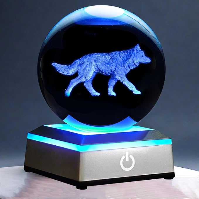 3D Crystal Ball Night Light with LED Colorful Touch Base - 3.15 Inch Wolf Figurine Glass Sphere Lamp for Birthday, Christmas, Home Decor Gift