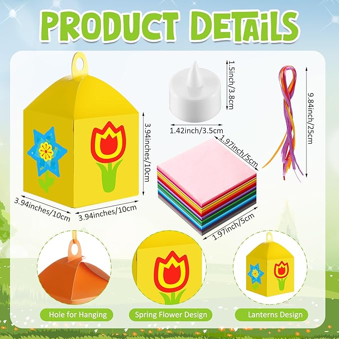 12 Sets Spring Floral Flower Craft with LED Lights Colorful Flower Tissue Paper Crafts Kits DIY Hanging Suncatchers Lanterns Kits for Window Decor Spring Summer Favors Home Activities