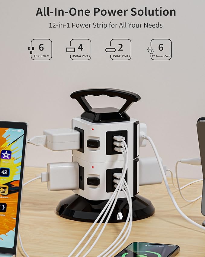 Power Strip Tower with 6 Outlets, 4 USB-A & 2 USB-C Ports, 1875W/15A Heavy Duty Charging Station for Multiple Devices, Plug Tower with 6ft Extension Cord, for Home, Office, Dorm
