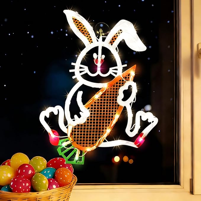 17" 35LED Lighted Bunny with Carrot Easter Decor, Cute Warm Glow for Home, 120V Plug-in, UL Certified