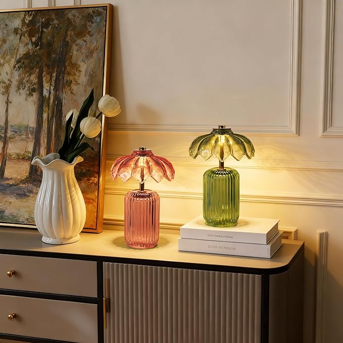 MJ PREMIER Cordless Lamp, Battery Operated Lamp with Timer, Crystal Glass Flower Lampshade, Small Table Lamps, Decorative Led Light for Bedroom Living Room Shelf (S-Green)