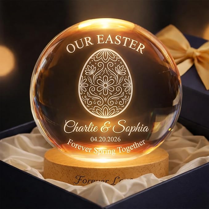 Personalized Easter Egg Crystal Ball LED Night Light, Custom Name Glass Globe Lamp with Date, Engraved Floral Egg Design Spring Keepsake Gift for Couples Family Anniversary