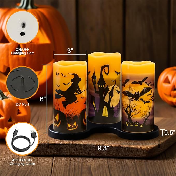 DRomance Rechargeable Halloween Flameless Candles Battery Operated with 6 Hour Timer Real Wax Flickering LED Pillar Candles Bats Witch Pumpkin Dinner Halloween Indoor Deocration(3 Pack, 3" D x 6" H)
