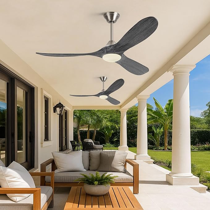 52 Inch Outdoor Ceiling Fan with Lights Remote, 3 Blades Solid Wood Modern Gray Ceiling Fan with Reversible Quiet DC Motor, Damp-rated Indoor Outside Ceiling Fans for Patios Porch Garage Gazebo