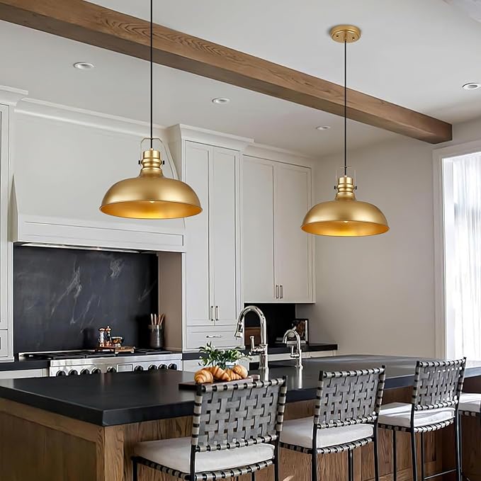 Gold Farmhouse Pendant Lights 16 Inch Matte Pendant Lighting for Kitchen Island Industrial Adjustable Height Vintage Dome Hanging Light Fixtures for Barn, Dining Room 2 Packs