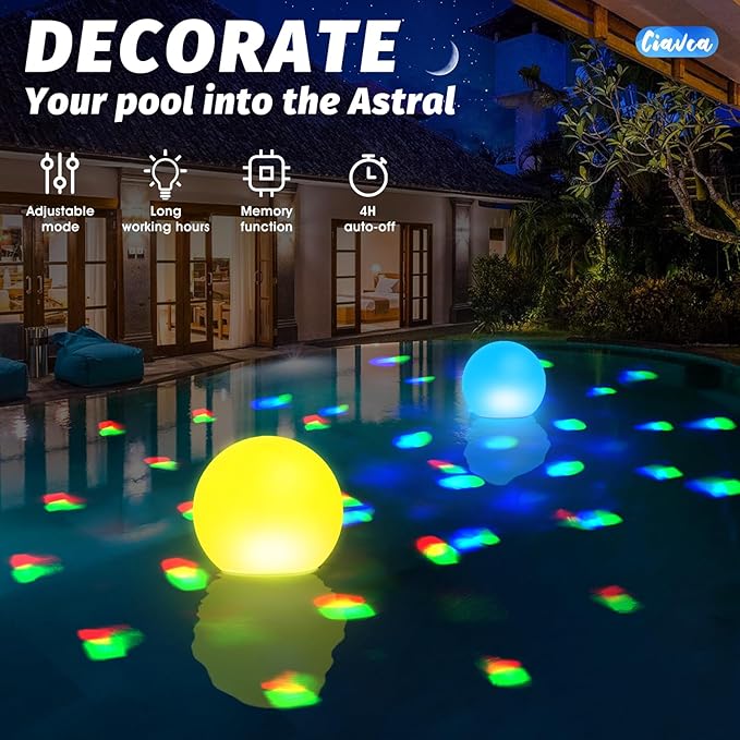Floating Pool Lights, 6 Inch Light Up Pool Balls with Underwater Lights Show, Color Changing LED Pool Light That Float, IP68 Waterproof Floating Light for Pool, Party, Pond - 2pcs