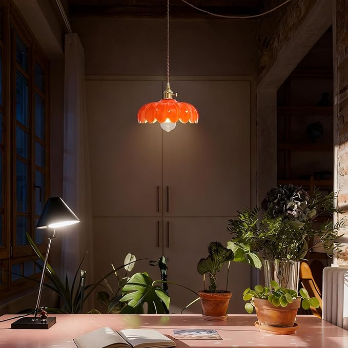 Plug in Pendant Light: Hanging Light Plug in Orange Glass Hanging Lamp, Pendant Lighting for Kitchen Island, Bedroom, Dining Room, Living Room, E26 No Bulb