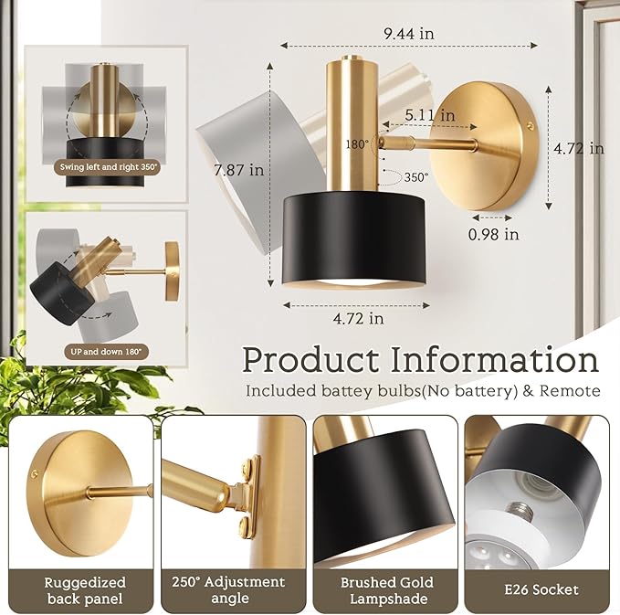 Battery Operated Wall Sconces Set of 2, Modern Wireless Black Wall Lights Fixtures,Cordless Wall lamp with Memory Function, with Remote Control Apply to Bedroom, Living Room, Corridor Stairs