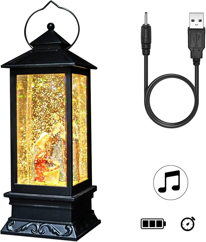 DRomance Nativity Music Snow Globe Lantern with Timer Battery Operated & USB Powered Lighted Singing Snow Globe Lamp Spinning Water Swirling Glitters Christmas Decor 4" x 4" x 12"
