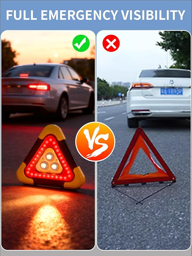 Road Safety Triangles LED Warning Triangles, 4-in-1 USB Rechargeable Emergency Reflector with LED/Power Bank/Flashlight & SOS, 3H Working Times for Vehicle Breakdown, Traveler