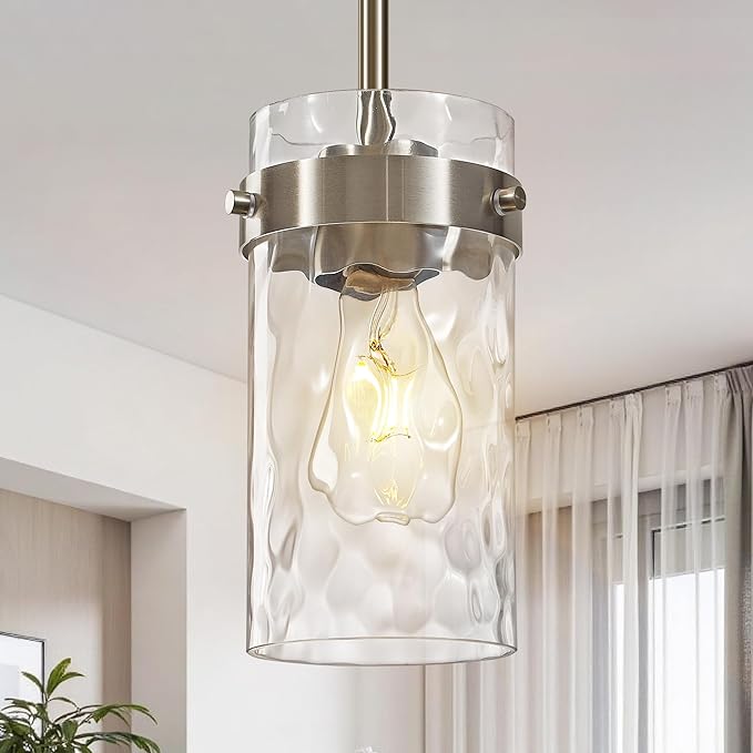 4.72" Hammered Glass Pendant Lighting for Kitchen Island 1 Pack, Modern Brushed Nickel Pendant Light Fixtures, Adjustable Ceiling Pendant Light for Kitchen Island Dining Room Bedroom Hallway