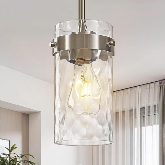 4.72" Hammered Glass Pendant Lighting for Kitchen Island 1 Pack, Modern Brushed Nickel Pendant Light Fixtures, Adjustable Ceiling Pendant Light for Kitchen Island Dining Room Bedroom Hallway