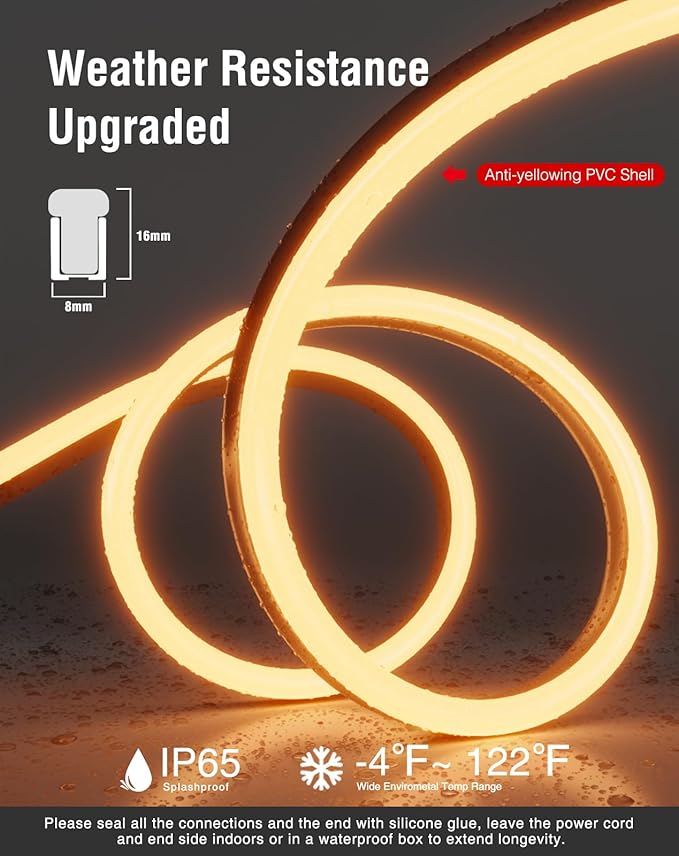 Shine Decor LED Neon Rope Lights AC 120V, Expandable & Cuttable 120LEDs/M Bright Strip Lighting, ETL Cold-Resistant & IP65 Waterproof for Indoor Outdoor, 8x16mm, 2500K Warm White, 32.8ft
