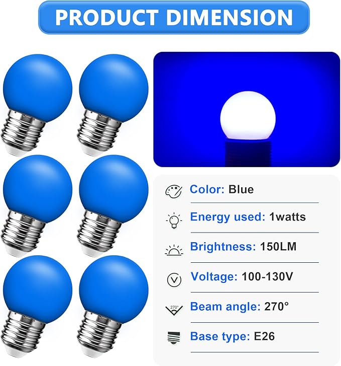 Flaspar LED Blue Light Bulb, G14 G45 Mini Globe String Light Bulbs, E26 Colored Light Bulbs for Home Wedding Christmas Halloween Bar Party Mood Decor, 6Pack