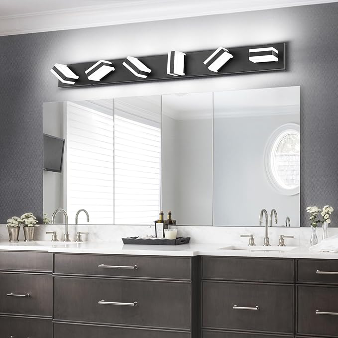 SOLFART Matt Black Bathroom Lighting Fixture Over Mirror, Modern LED Vanity Light 6 Lights Cool Light ND