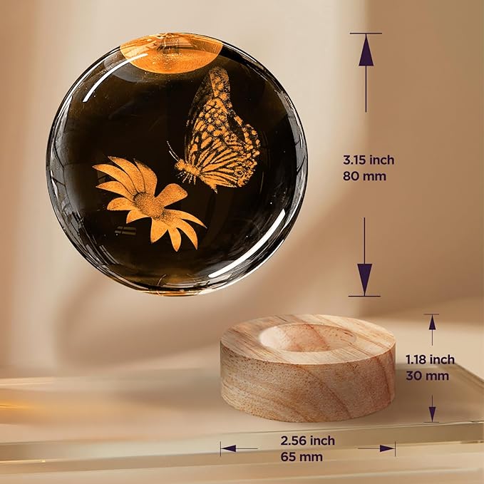 3D Crystal Ball Night Light with Wooden Base, 3.15" Butterfly & Flower Figurine Glass Lamp with 16 Colors, Cute Desk Decor for Bedroom Gifts