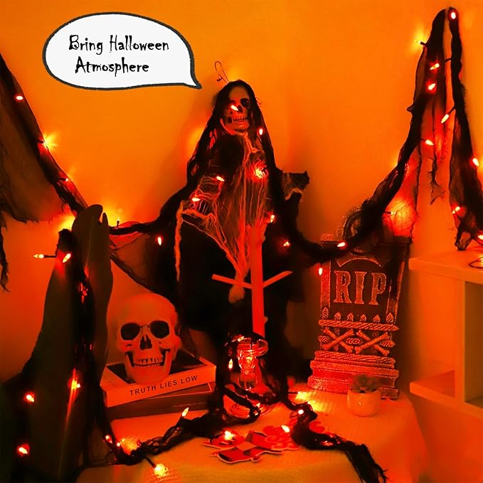 YAOZHOU Halloween Decorations String Lights Indoor, Orange 30LED with Black Gauze, Timer Battery Operated 9.9Ft Creepy Cloth Spooky Lights, Gothic Party Room Decor 2 Mode(2Pack)