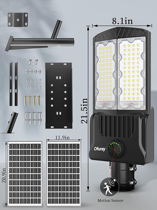 Ofuray OL-9000W Solar Street Lights Outdoor,Parking Lot Lights Commercial Dusk to Dawn up to 520,000Lm,40,000mah Big Power Solar Security Flood Remote Control with Motion Sensor for Street,Yark
