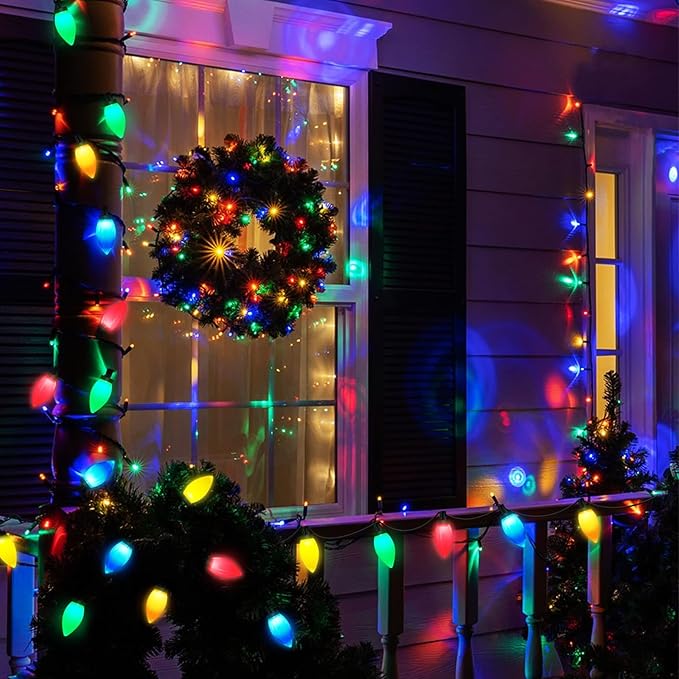 C9 Christmas Lights Outdoor, 23Ft 35LED C9 Vintage Christmas LED Lights C9 Multicolor Bulbs C9 Christmas String Lights Plug in for Outdoor Patio Backyard Indoor Party Tree Christmas Decor Green Wire