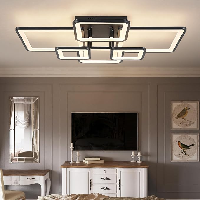 Modern LED Ceiling Light Fixture Black Kitchen Lighting Fixtures Ceiling for Bedroom 31.5" Dimmable 6 Ring Square Ceiling Light for Kitchen with Remote Control for Living Room,Dining Room