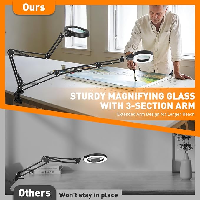 Ultra Long Arm Magnifying Glass with Light, Three-axis Rotation Infinite Color Dimmable 12X Magnifying Lamp, Large Lighted Magnifier Workbench Light for Close Work, Craft, Repair, Reading,Sewing