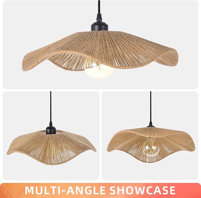 Arturesthome Small Boho Woven Twine Pendant Light Modern Ceiling Hanging Light Handwoven Chandelier for Dining Room Restaurant Bedroom 15.7"