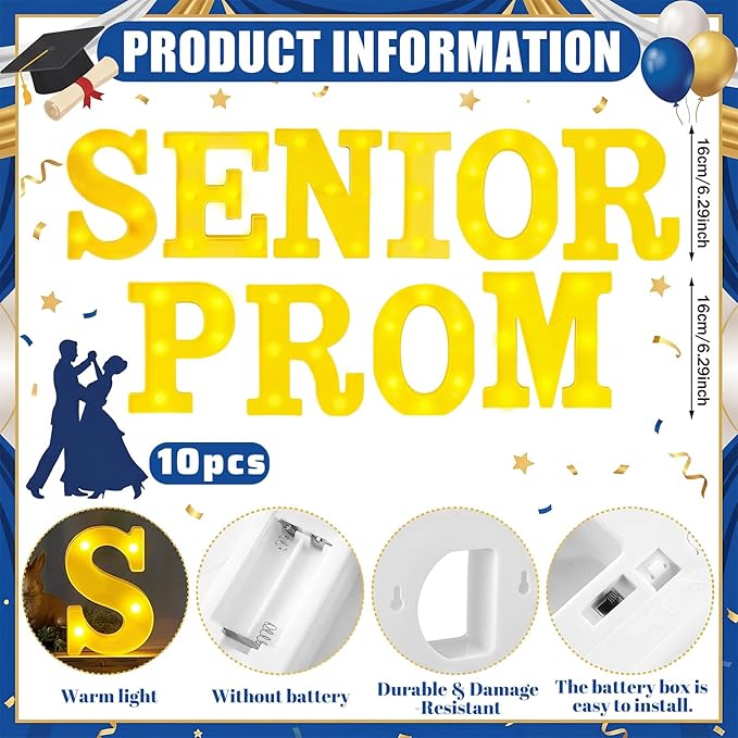 10 Pcs Senior Prom Decorations Large LED Letter Light Sign Battery Powered Graduation Table Decorations for for Senior High School College Table Wall Centerpieces Decor Party Supplies