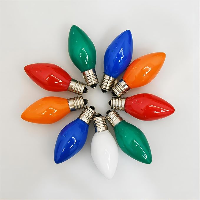 C7 Multicolor Incandescent Christmas Light Bulbs, 25 Pack Ceramic Replacement Bulbs for Ceramic Christmas Tree, Vintage C7/E12 Candle Bulbs, 120V 5W Durable Glass Indoor Outdoor Use