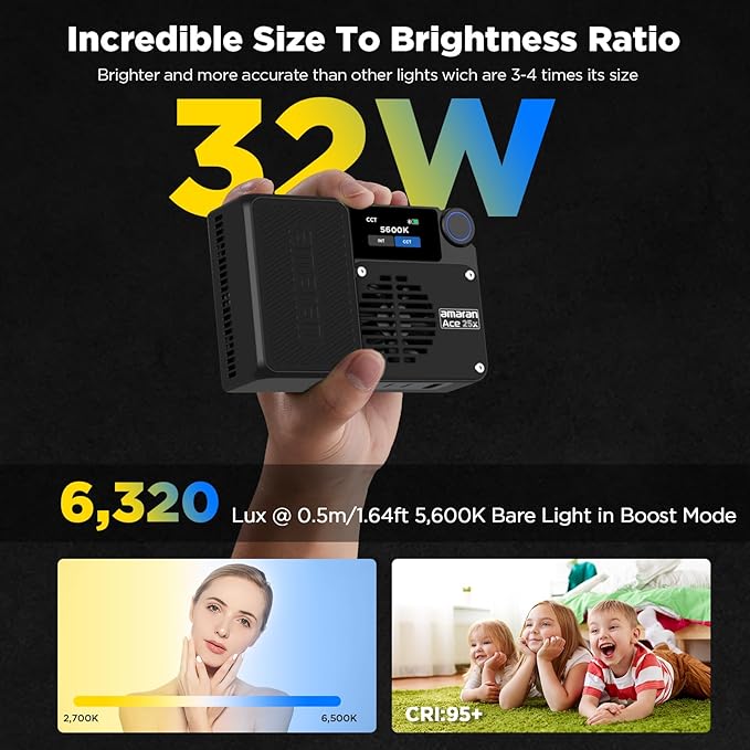 Amaran Ace 25x Pocket Bi-Color LED Light: Boost Mode Up to 32W, Bi-Color Mini Video Light (2,700-6,500K), 1,636 Lux@1m, 4,500mAh Battery with PD Fast Charging for Mobile Creators (Charcoal)