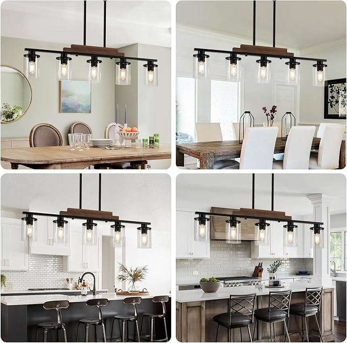 5-Light Dining Room Light Fixture Over Table, Farmhouse Kitchen Island Lighting, Linear Chandelier with Clear Glass Shades, Modern Rustic Wood Chandelier with Adjustable Height