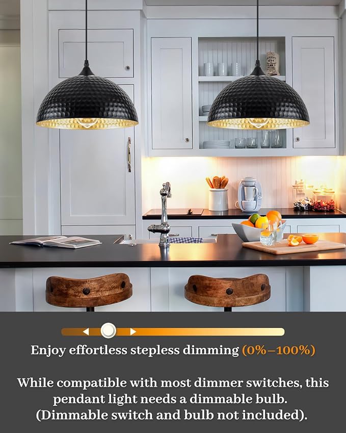 Hammered Pendant Lights Kitchen Island 2 Pack, 12 Inch Black Dome Pendant Light, Industrial Hammered Pendant Light, Island Pendant Lights for Kitchen, Dining Room, Cafe