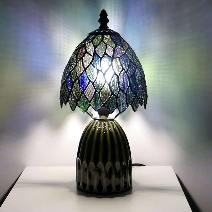 Tiffany Lamp Stained Glass Mushroom Table Lamps 6X6X12.5 Inch Multicolor Leafage Style Small Night Light Ceramic Base Mini Accent Desk Light Suitable for Bedside Table Bedroom Children Room