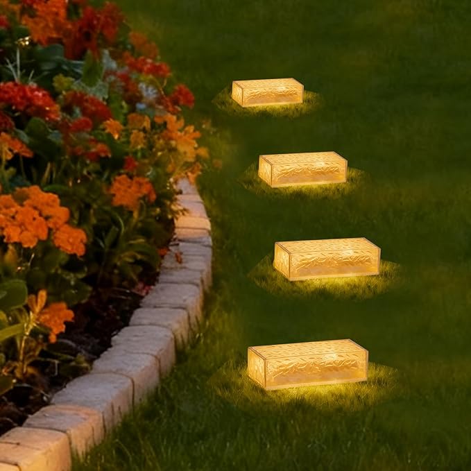 Wokyo Solar Brick Steps Lights Outdoor Cement Wall Lights, 7.8x3.9 inch Rectangular Solar Brick Paver Lights for Garden Lawn Yard Pathway Driveway Walkway Decor 4 Packs (Rectangular-Warm White)