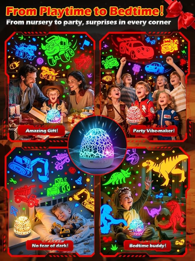 PIKOY Dinosaur Toys for Kids 3-5 Easter Gifts for Kids Toys Night Light Projector Dinosaur Eggs Easter Eggs Night Light for Kids | 15 Sounds & 3D Films | 31Colors & Remote Control | Beast Truck
