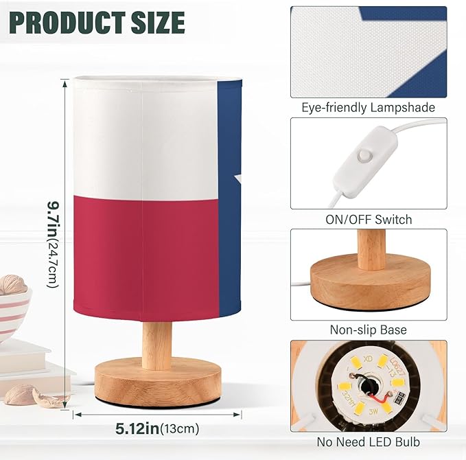 Texas Flag Patriotic USA Table Lamp with Wood Base Fabric Lamp Shade Bedside Nightstand Desk Lamp for Living Room Bedroom Kids Room Office