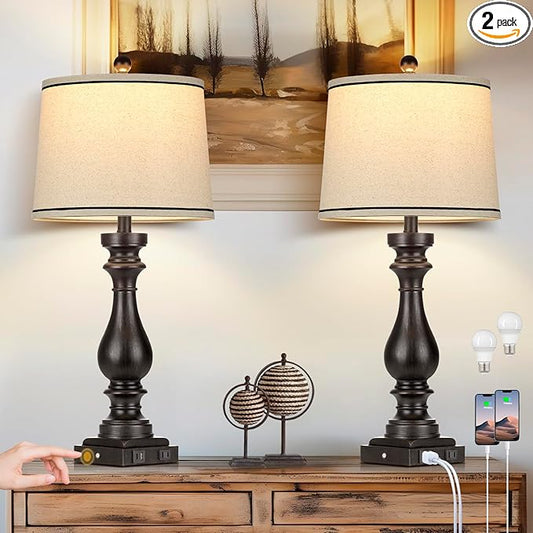 27.5" Farmhouse Table Lamp for Living Room Set of 2,Vintage Bedside Nightstand Lamps with USB C+A Ports & AC Outlet,3-Way Dimmable Touch Control Retro Black Desk Lamp for Bedroom,Black