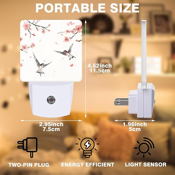 Peach Blossom and Bird Night Light, Plug-in Nightlight with Dusk to Dawn Auto Sensor for Home Bedroom Hallway Kitchen 0.5W Sleep Friendly Led Lamp for Women Men