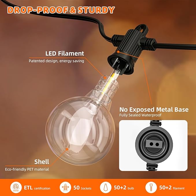 Kawaya Outdoor String Lights 100 FT LED Patio Light with 50+2 Shatterproof Edison Globe Bulbs - IP65 Waterproof Dimmable Hanging Lights - 2700K Warm White Lighting for Outside Porch Deck Bistro Cafe