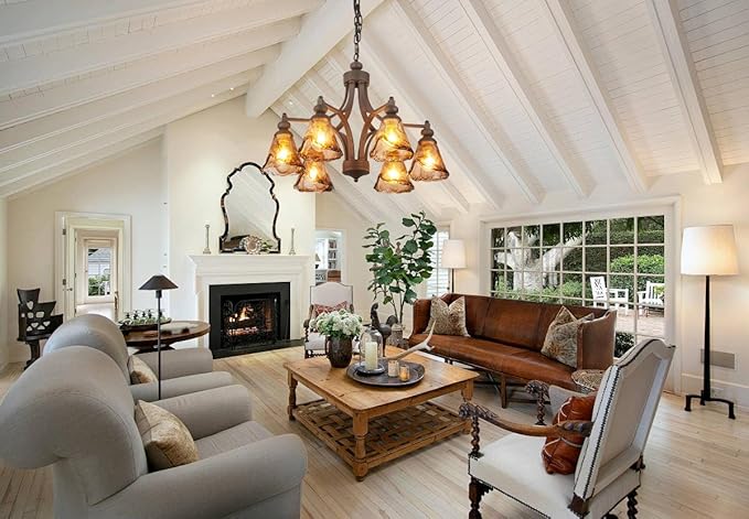 Vintage Farmhouse Chandelier, 27 Inch Adjustable Amber Glass Rust-Finish Metal Pendant Light Fixture for Living Room, Bedroom, Dining Room, Kitchen Lighting (6-Light)