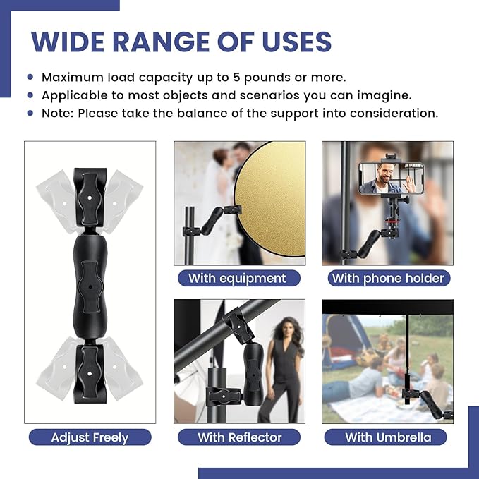 Double Ball Head Camera Clamp - Adjustable Mounting Bracket with Pliers-Style Grips for Photo Studio Equipment, Light Stands, Reflectors, Monitors, and Golf Cart Crossbars（6-9inch）