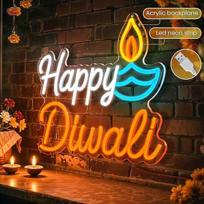 Happy Diwali Neon Sign,Neon signs For Wall Decor,USB Powerd with Dimmable Brightness Diwali Decor,Neon Lights for Festival,Diwali Decorations for Home,Indoor Diwali Lights for Party,Mandir