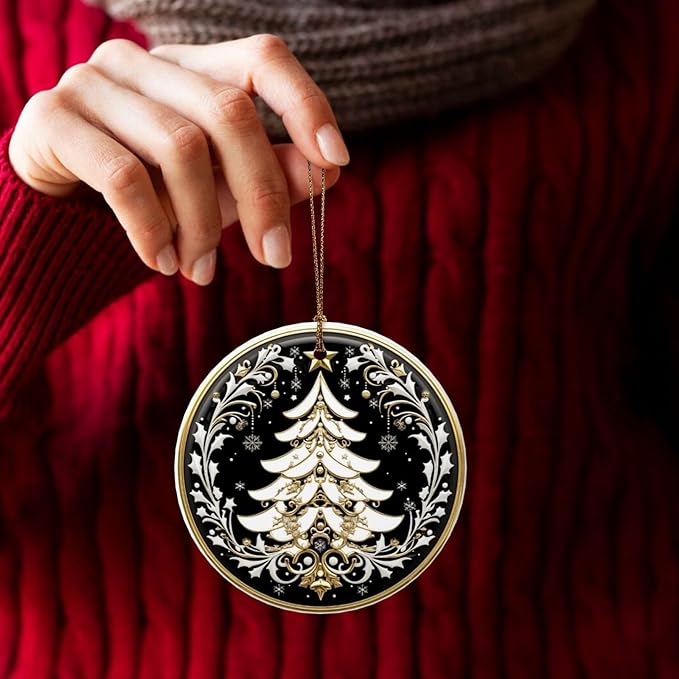 Tribal Bohemian Tree Christmas Ornaments, Christmas Decorations Xmas Tree Hanging Ornaments, Round Ceramic Festive Keepsake Gift for Xmas Decorations Holiday Home Decor